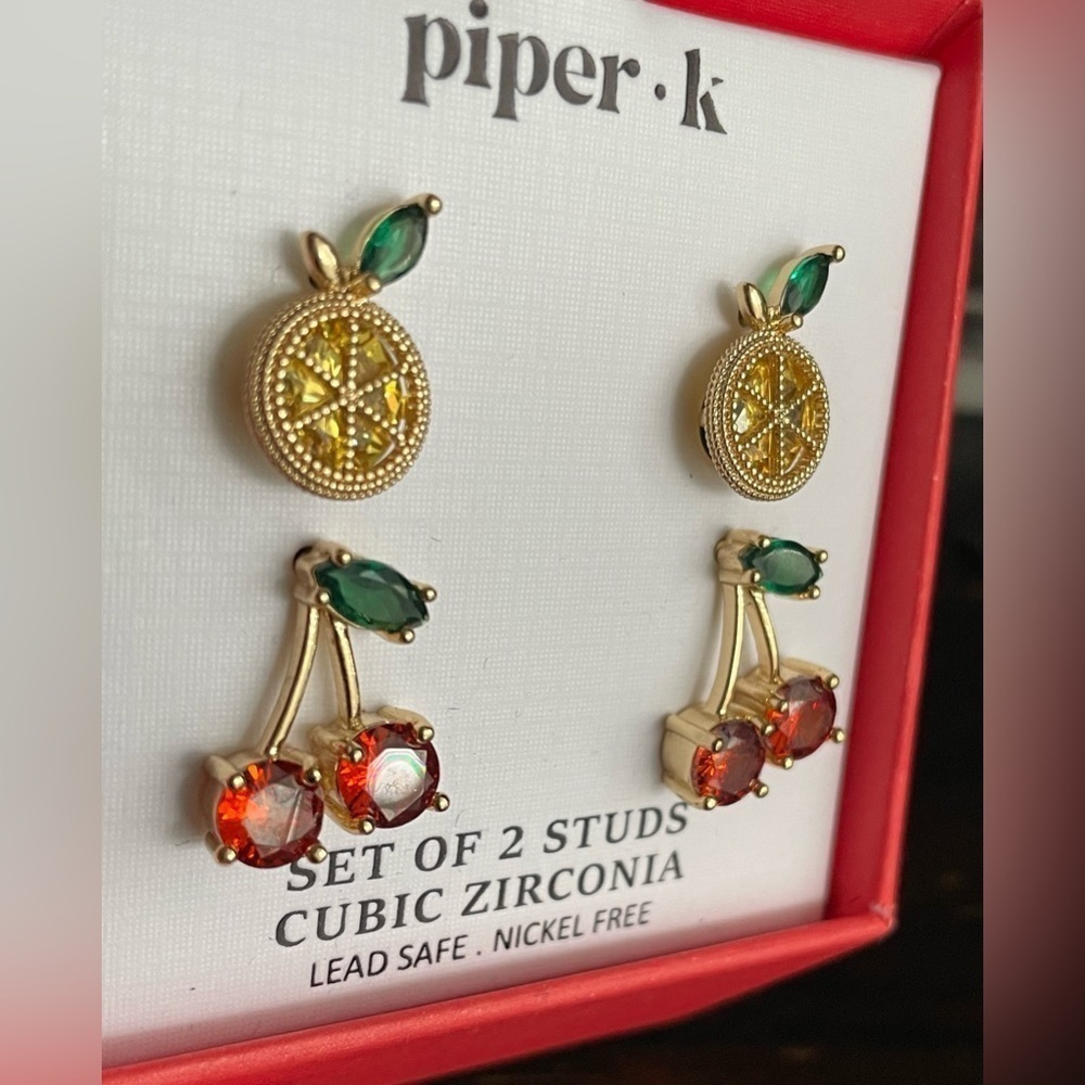 Piper Earrings,Piper Gold and Red Cherry Stud Earrings,Fruit Earrings. - Picture 4 of 9